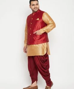 Vastramay Men's Plus Size Rose Gold, Maroon Silk Blend Jacket Kurta Dhoti Pant Set Plus Size Collection