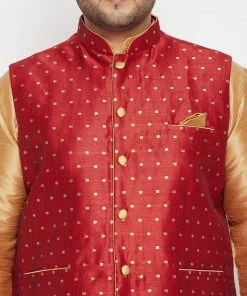 Vastramay Men's Plus Size Rose Gold, Maroon Silk Blend Jacket Kurta Dhoti Pant Set Plus Size Collection