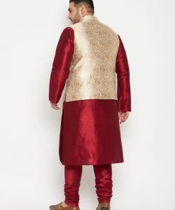 Vastramay Men's Plus Size Maroon And Rose Gold Brocade Silk Blend Jacket Kurta Pyjama Set Plus Size Collection