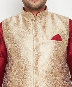 Vastramay Men's Plus Size Maroon And Rose Gold Brocade Silk Blend Jacket Kurta Pyjama Set Plus Size Collection