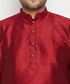 Vastramay Men's Plus Size Maroon And Rose Gold Brocade Silk Blend Jacket Kurta Pyjama Set Plus Size Collection