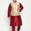Vastramay Men's Plus Size Maroon And Rose Gold Brocade Silk Blend Jacket Kurta Pyjama Set Plus Size Collection