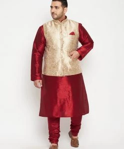 Vastramay Men's Plus Size Maroon And Rose Gold Brocade Silk Blend Jacket Kurta Pyjama Set Plus Size Collection