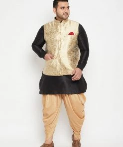 Vastramay Plus Size Collection Men's Plus Size Rose Gold And Black Silk Blend Jacket Kurta Dhoti Pant Set