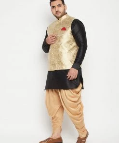 Vastramay Plus Size Collection Men's Plus Size Rose Gold And Black Silk Blend Jacket Kurta Dhoti Pant Set