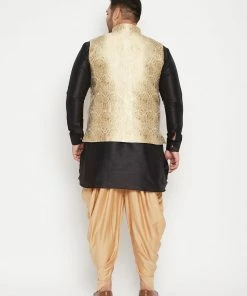 Vastramay Plus Size Collection Men's Plus Size Rose Gold And Black Silk Blend Jacket Kurta Dhoti Pant Set