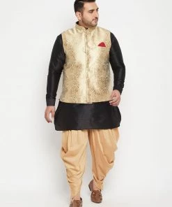 Vastramay Plus Size Collection Men's Plus Size Rose Gold And Black Silk Blend Jacket Kurta Dhoti Pant Set