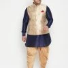 Vastramay Men's Plus Size Rose Gold And Navy Blue Silk Blend Jacket Kurta Dhoti Pant Set