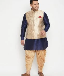 Vastramay Men's Plus Size Rose Gold And Navy Blue Silk Blend Jacket Kurta Dhoti Pant Set