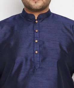 Vastramay Men's Plus Size Rose Gold And Navy Blue Silk Blend Jacket Kurta Dhoti Pant Set