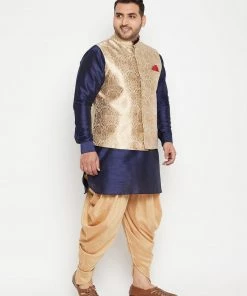 Vastramay Men's Plus Size Rose Gold And Navy Blue Silk Blend Jacket Kurta Dhoti Pant Set