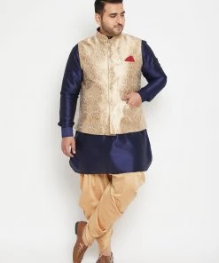 Vastramay Men's Plus Size Rose Gold And Navy Blue Silk Blend Jacket Kurta Dhoti Pant Set