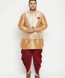 Vastramay Men's Plus Size Rose Gold Brocade Silk Blend Jacket Kurta Dhoti Pant Set Plus Size Collection