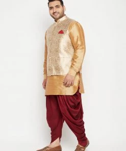 Vastramay Men's Plus Size Rose Gold Brocade Silk Blend Jacket Kurta Dhoti Pant Set Plus Size Collection