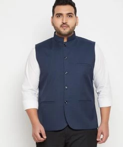 Vastramay Plus Size Collection Men's Plus Size Blue Cotton Blend Nehru Jacket
