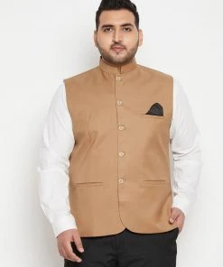 Vastramay Plus Size Collection Men's Plus Size Chiku Brown Cotton Blend Nehru Jacket