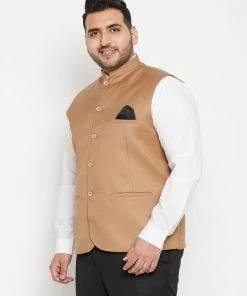 Vastramay Plus Size Collection Men's Plus Size Chiku Brown Cotton Blend Nehru Jacket