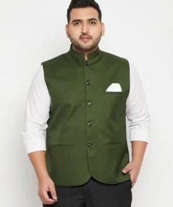 Vastramay Men's Plus Size Green Cotton Blend Nehru Jacket