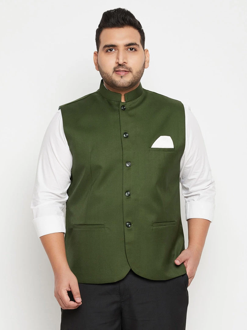Vastramay Men's Plus Size Green Cotton Blend Nehru Jacket 3 Vastramay Men's Plus Size Green Cotton Blend Nehru Jacket