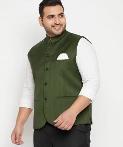 Vastramay Men's Plus Size Green Cotton Blend Nehru Jacket