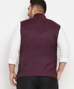 Vastramay Plus Size Collection Men's Plus Size Maroon Cotton Blend Nehru Jacket