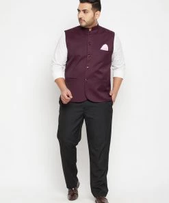 Vastramay Plus Size Collection Men's Plus Size Maroon Cotton Blend Nehru Jacket
