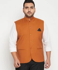 Vastramay Men's Plus Size Orange Cotton Blend Nehru Jacket Plus Size Collection