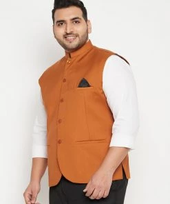 Vastramay Men's Plus Size Orange Cotton Blend Nehru Jacket Plus Size Collection