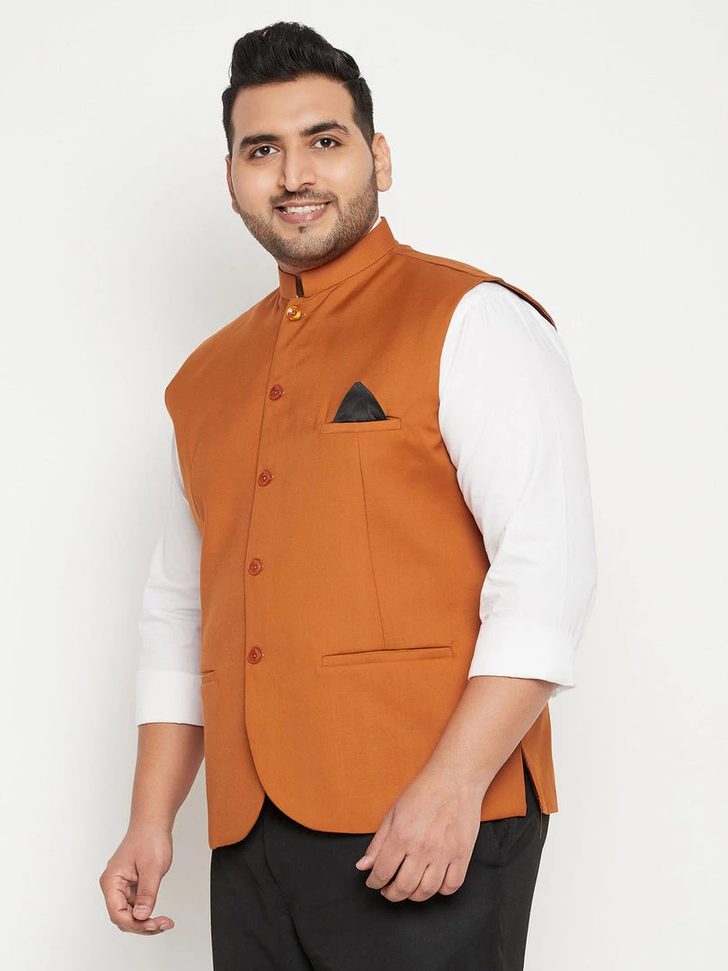 Vastramay Men's Plus Size Orange Cotton Blend Nehru Jacket Plus Size Collection 4 Vastramay Men's Plus Size Orange Cotton Blend Nehru Jacket Plus Size Collection