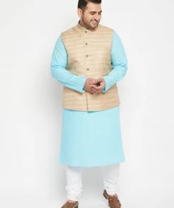 Vastramay Men's Plus Size Aqua And Beige Cotton Blend Jacket Kurta Pyjama Set