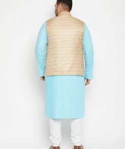 Vastramay Men's Plus Size Aqua And Beige Cotton Blend Jacket Kurta Pyjama Set