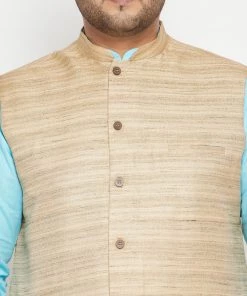 Vastramay Men's Plus Size Aqua And Beige Cotton Blend Jacket Kurta Pyjama Set