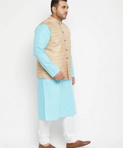 Vastramay Men's Plus Size Aqua And Beige Cotton Blend Jacket Kurta Pyjama Set