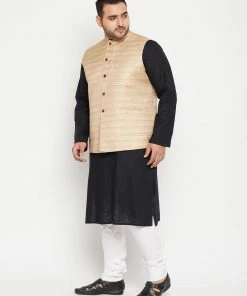 Vastramay Men's Plus Size Black And Beige Cotton Blend Jacket Kurta Pyjama Set Ganesh Chaturthi