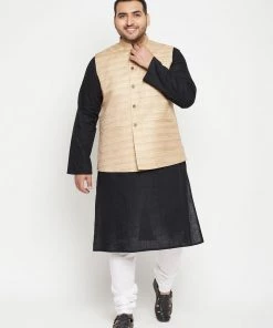 Vastramay Men's Plus Size Black And Beige Cotton Blend Jacket Kurta Pyjama Set Ganesh Chaturthi