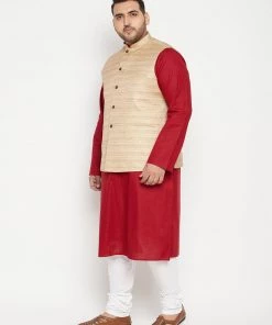 Vastramay Men's Plus Size Maroon And Beige Cotton Blend Jacket Kurta Pyjama Set Ganesh Chaturthi