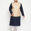 Vastramay Ganesh Chaturthi Men's Plus Size Navy Blue And Beige Cotton Blend Jacket Kurta Pyjama Set 1 Vastramay Ganesh Chaturthi Men's Plus Size Navy Blue And Beige Cotton Blend Jacket Kurta Pyjama Set