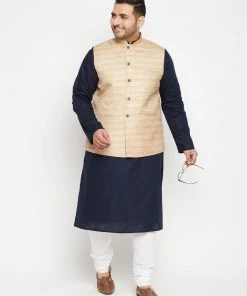 Vastramay Ganesh Chaturthi Men's Plus Size Navy Blue And Beige Cotton Blend Jacket Kurta Pyjama Set