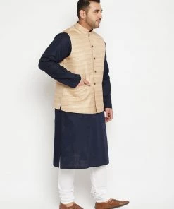 Vastramay Ganesh Chaturthi Men's Plus Size Navy Blue And Beige Cotton Blend Jacket Kurta Pyjama Set