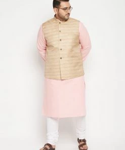 Vastramay Men's Plus Size Pink And Beige Cotton Blend Jacket Kurta Pyjama Set