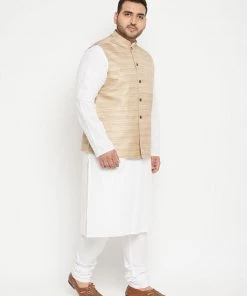 Vastramay Men's Plus Size White And Beige Cotton Blend Jacket Kurta Pyjama Set Ganesh Chaturthi