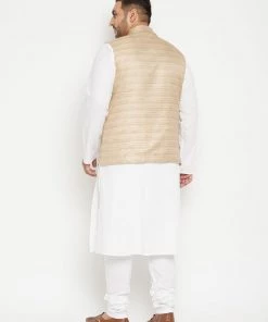 Vastramay Men's Plus Size White And Beige Cotton Blend Jacket Kurta Pyjama Set Ganesh Chaturthi