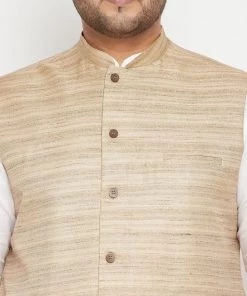 Vastramay Men's Plus Size White And Beige Cotton Blend Jacket Kurta Pyjama Set Ganesh Chaturthi