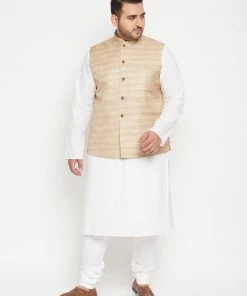 Vastramay Men's Plus Size White And Beige Cotton Blend Jacket Kurta Pyjama Set Ganesh Chaturthi