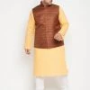 Vastramay Men's Plus Size Fawn And Coffee Brown Cotton Blend Jacket Kurta Pyjama Set Ganesh Chaturthi