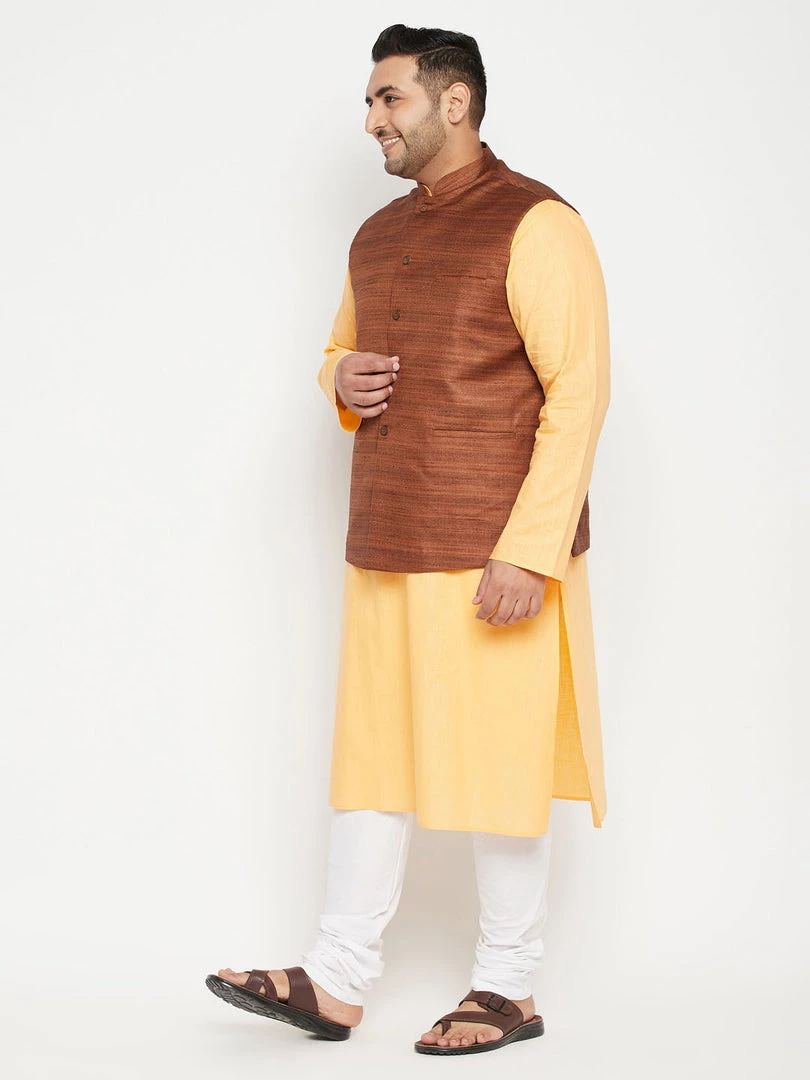 Vastramay Men's Plus Size Fawn And Coffee Brown Cotton Blend Jacket Kurta Pyjama Set Ganesh Chaturthi 5 Vastramay Men's Plus Size Fawn And Coffee Brown Cotton Blend Jacket Kurta Pyjama Set Ganesh Chaturthi
