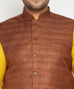 Vastramay Men's Plus Size Mustard And Coffee Brown Cotton Blend Jacket Kurta Pyjama Set