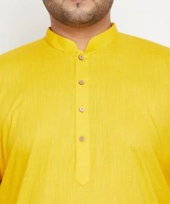 Vastramay Men's Plus Size Mustard And Coffee Brown Cotton Blend Jacket Kurta Pyjama Set