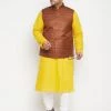 Vastramay Men's Plus Size Mustard And Coffee Brown Cotton Blend Jacket Kurta Pyjama Set