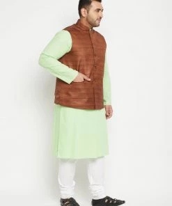 Vastramay Men's Plus Size Mint Green And Coffee Brown Cotton Blend Jacket Kurta Pyjama Set